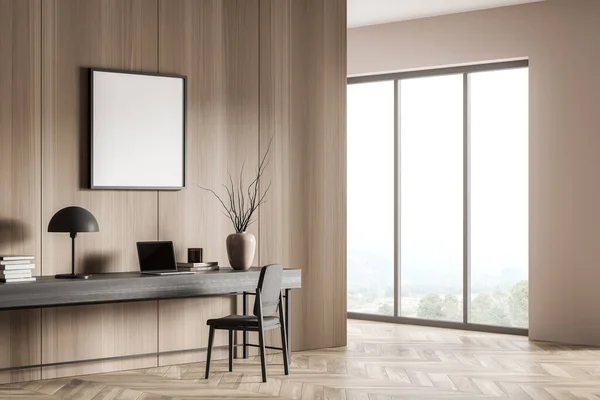 Corner view of wooden home office interior with dark desk, chair and empty square mockup on lighter wall, parquet floor and panoramic window in corridor. Concept of modern house design. 3d rendering
