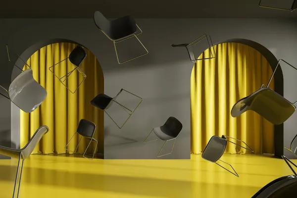 Many chairs float in the air of grey empty hall with arch doors and yellow curtains with yellow concrete floor. Concept of classroom or cafe. 3D rendering