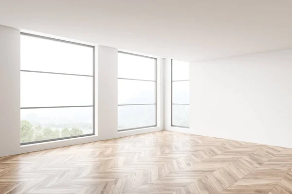 大厅内部有花束地板 空旷的开放空间房间与全景窗 乡村景色 复制空白墙壁 3D渲染 — 图库照片