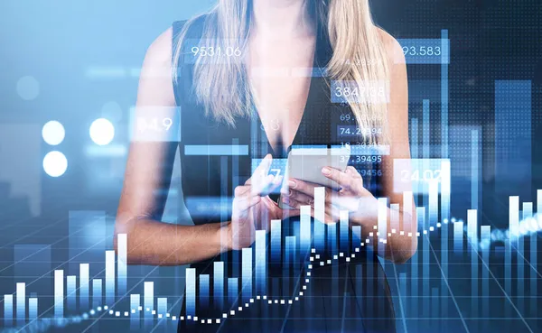 Businesswoman Wearing Formal Jumpsuit Typing Message Smartphone Blurred Office Workplace — Stock Photo, Image