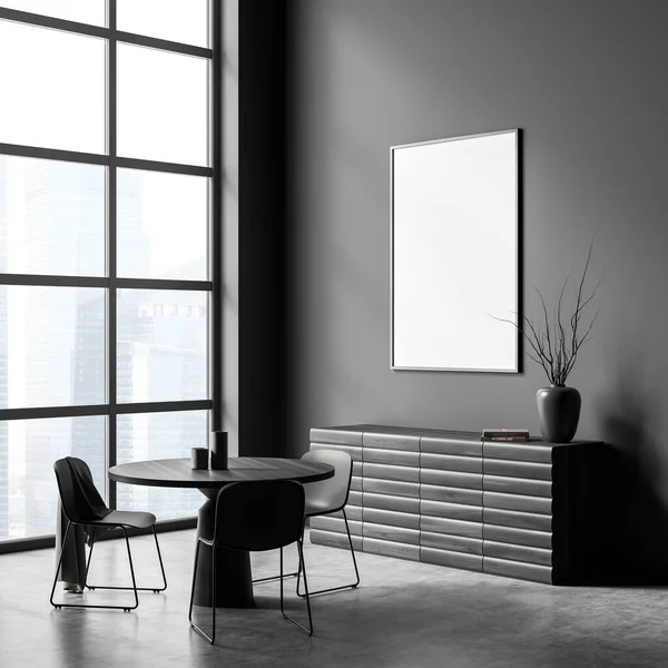 Corner View Dark Grey Dining Room Interior Canvas Sideboard Table — Stock Photo, Image