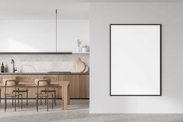Frame Mockup Buurt Van Minimalistische Witte Houten Keuken Met Lineair — Stockfoto