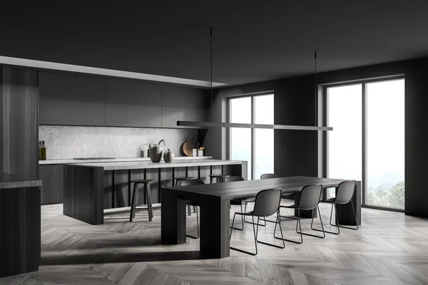 Corner Panoramic Dark Grey Kitchen Interior Dining Table Linear Light — Stock Photo, Image