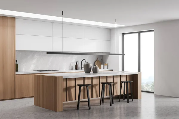 Esquina Interior Cocina Minimalista Con Diseño Blanco Gris Materiales Madera — Foto de Stock