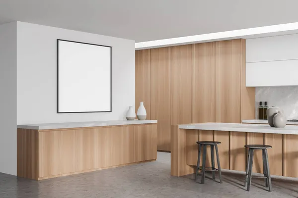 Leerer Rahmen Über Küchenschränken Minimalistischer Innenarchitektur Mit Frühstückstheke Betonboden Und — Stockfoto