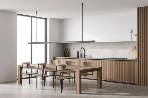 角落景观简约的白色和木制厨房与趋势的细节 开放的架子 花篮风格的背面飞溅 餐桌与椅子和混凝土地板 现代室内设计的概念 3D渲染 — 图库照片
