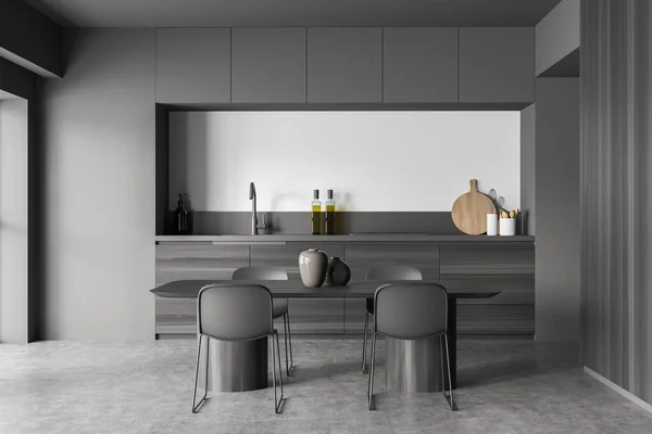 有餐桌 四张椅子 灰色墙壁 电饭锅 液体肥皂 书桌和水泥地板的黑暗厨房室内 当代简约主义设计 3D渲染 — 图库照片