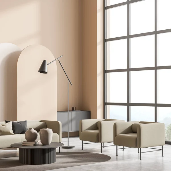 Helles Wohnzimmer Mit Leerem Weißen Poster Sofa Zwei Sesseln Panoramafenster — Stockfoto