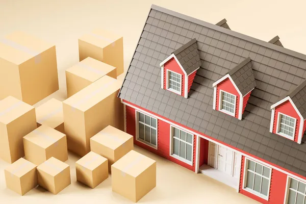 ベージュ地にボックス付きの赤とグレーの戸建住宅のモデル 移転不動産の概念 最上階だ 閉鎖だ 3Dレンダリング — ストック写真