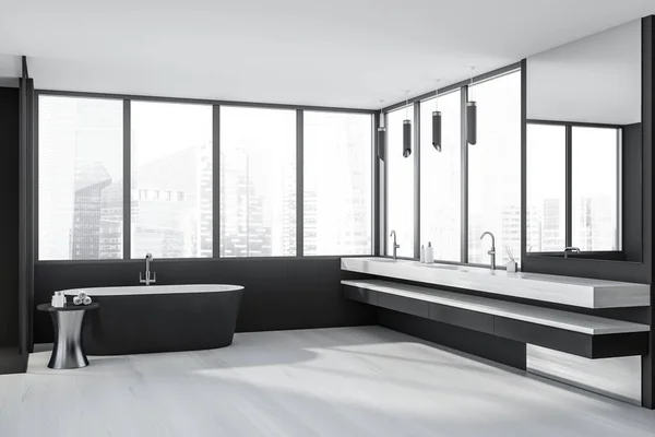 Corner view on dark bathroom interior with two sink, bathtub, concrete floor, panoramic window with Singapore city skyscraper view. Concept of hygienic and spa procedures for health. 3d rendering