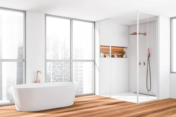 Vista Canto Interior Banheiro Brilhante Com Banheira Chuveiro Piso Madeira — Fotografia de Stock