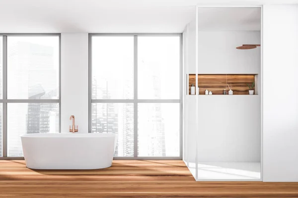 Interior Banheiro Brilhante Com Banheira Chuveiro Piso Madeira Carvalho Janela — Fotografia de Stock