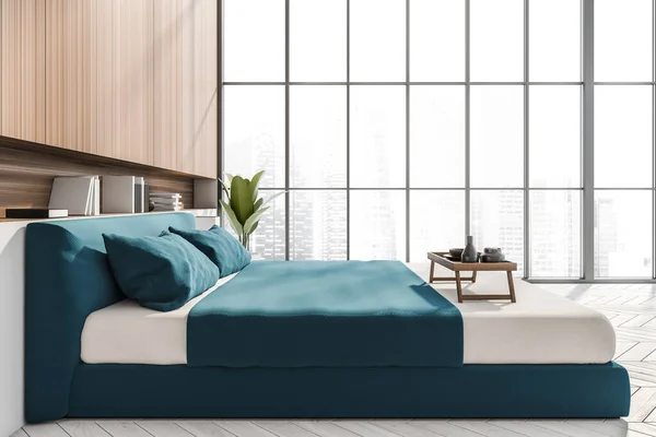 Blå Säng Elegant Sovrum Interiör Med Panoramafönster Nisch Hylla Trävägg — Stockfoto