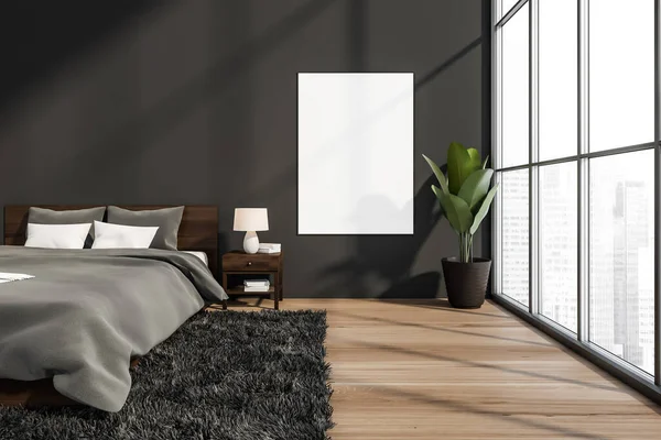 Panoramic Grey Bedroom Interior Mockup Canvas Close Window Dark Wood — Stock Photo, Image