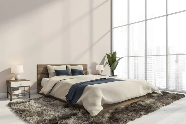 Hoek Van Panoramische Beige Slaapkamer Interieur Met Blauwe Details Bed — Stockfoto