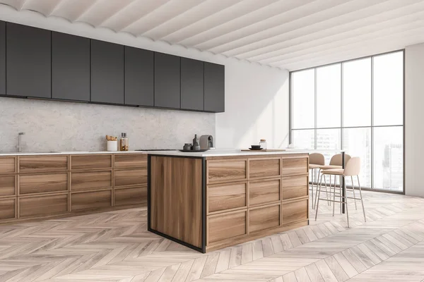 Helles Küchenzimmer Mit Tisch Und Vier Barstühlen Seitenblick Holzboden Und — Stockfoto