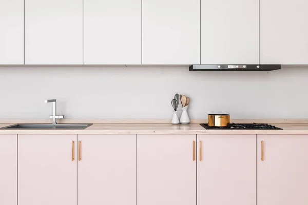 화이트 미니멀리즘 갑판에는 싱크대와 주방용 식기가 스토브가 수있다 아파트의 디자인 — 스톡 사진