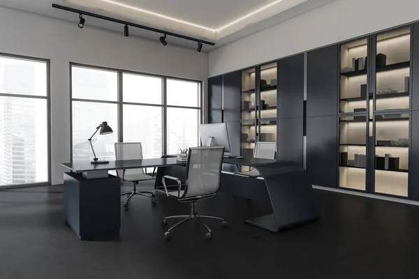 Black Office Room Interior Armchairs Computer Shelf Folders Documents Dark — Stock Photo, Image