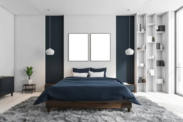 Dua Kanvas Interior Kamar Tidur Putih Dan Biru Dengan Rak — Stok Foto