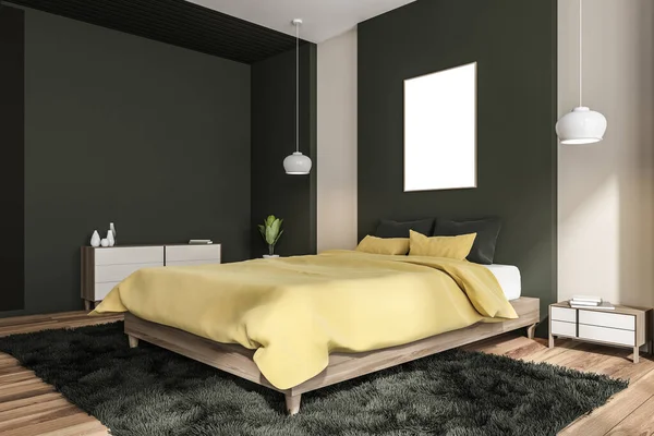 Corner Dark Green Yellow Bedroom Interior Empty Canvas Pendant Lamps — Stock Photo, Image