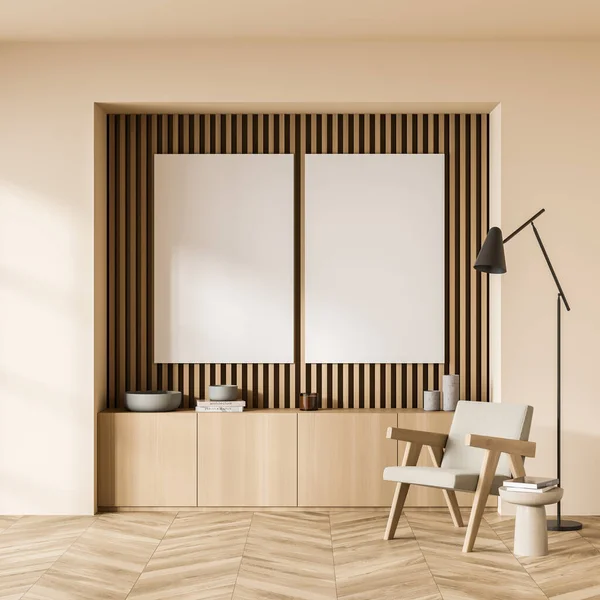 Waiting room interior with seat and lamp on parquet, decoration on wooden drawer and coffee table. Minimalist reading art room. Two copy space canvas frames, 3D rendering