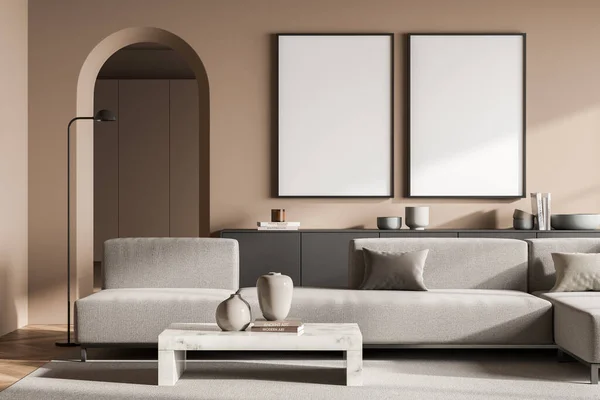 Dos Lienzos Vacíos Pared Beige Sala Estar Con Sofá Gris — Foto de Stock