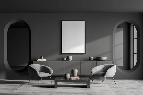 Leere Leinwand Dunkelgrauen Wohnzimmer Mit Zwei Sesseln Ovalen Spiegeln Couchtisch — Stockfoto