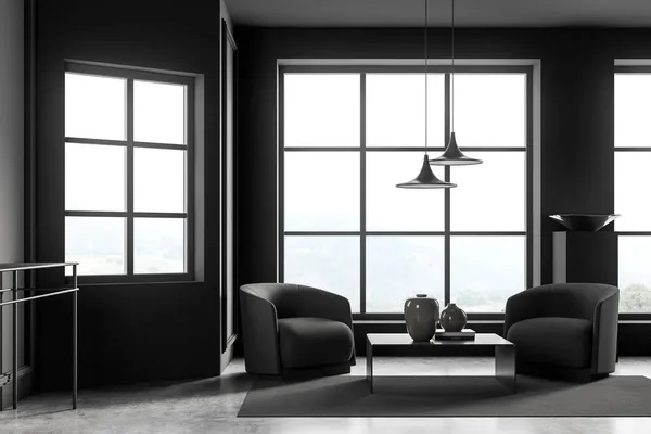深色灰色客厅内部有两张扶手椅 咖啡桌 简约的细节 时髦的窗户和混凝土地板 现代室内设计的概念 3D渲染 — 图库照片