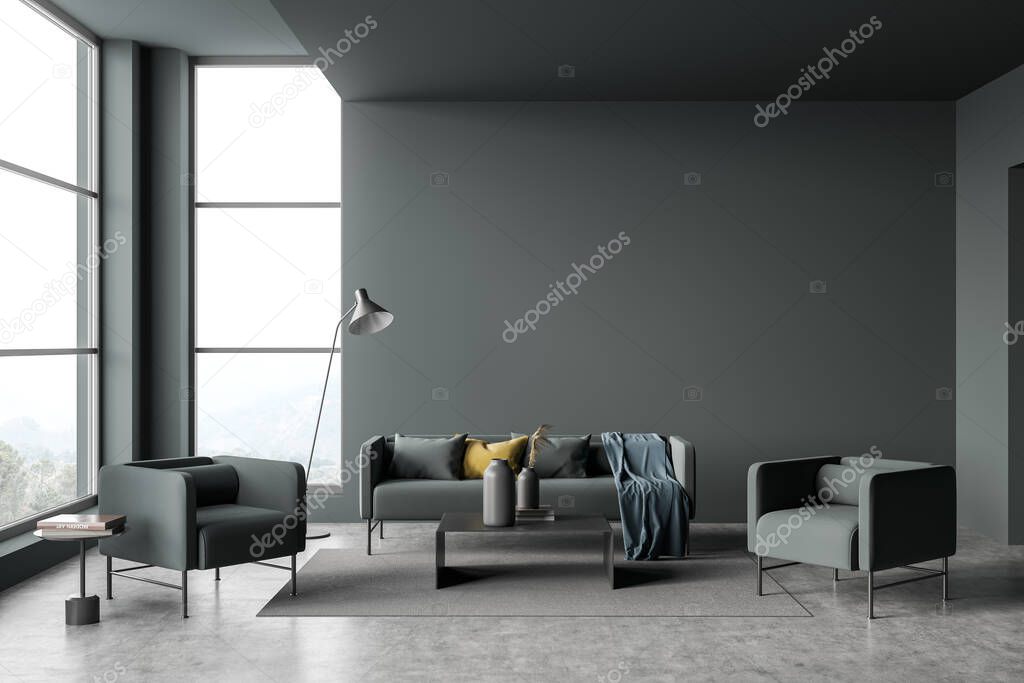 Green and grey living room interior with two coffee tables, modern lamp, floor to ceiling windows, empty wall and concrete floor. Concept of minimalist design. 3d rendering