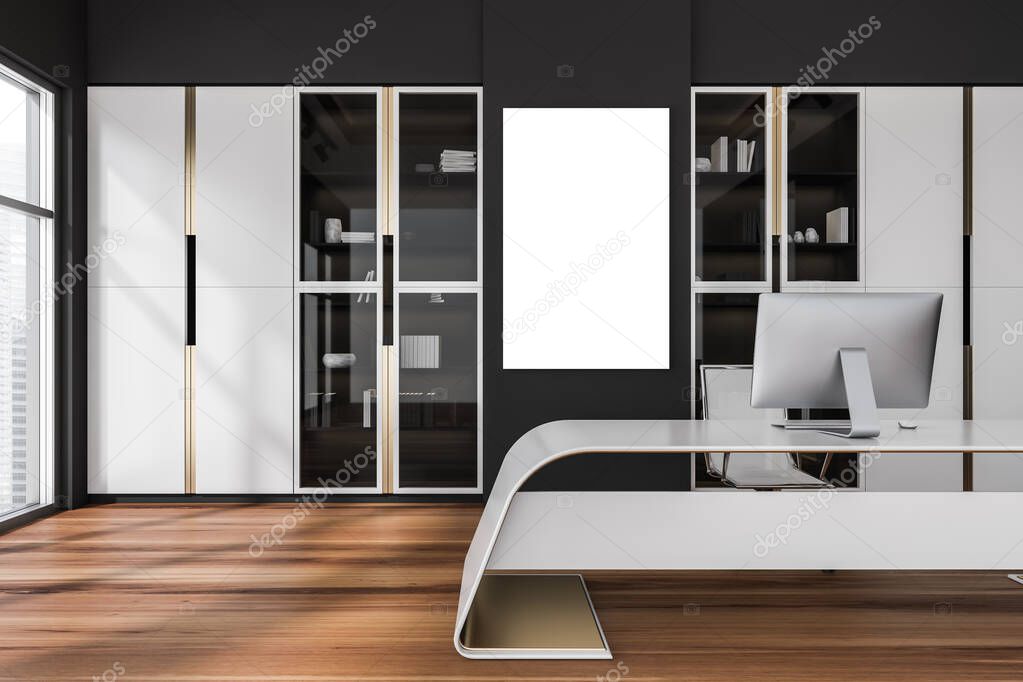 Futuristic office interior with poster, original personal desk design, using copper details, wooden floor and modern office cabinets. Concept of luxury working place. Mock up. 3d rendering
