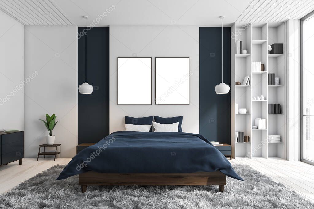 Two canvases in white and blue bedroom interior with shelving, two pendant lights, dresser, bed with bedside tables and grey carpet on wood floor. Concept of modern design. 3d rendering