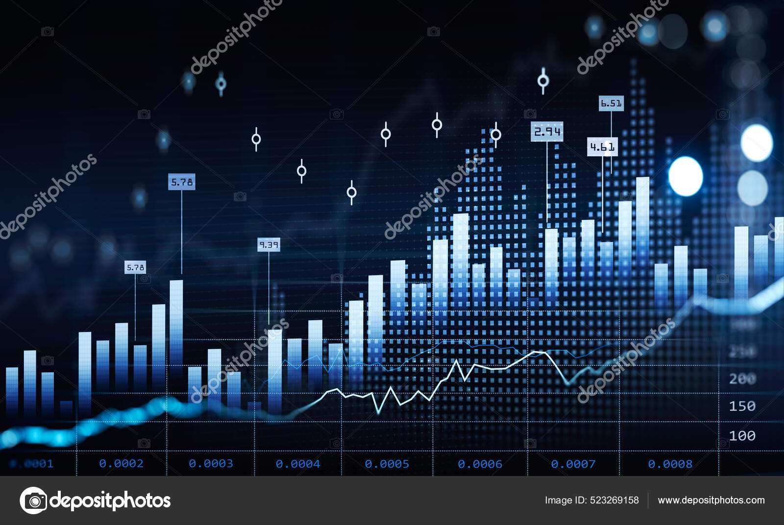 시장의 행동을 숫자와 도표가 차트와 상승하는 그래프 성공적 거래의 어두운 — 스톡 사진 © denisismagilov #523269158
