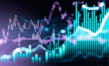 Borsa ve fintech veri araştırması kavramı. Koyu mavi arkaplan üzerinde mavi ve mor dijital bar çizelgeleri. Fütürist finansal arayüz. 3d oluşturma