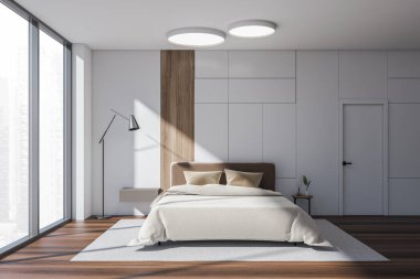 Açık renk yatak odası, yatak çarşafları ve yastıklar, ön manzara, halı ve pencere kenarındaki parke döşeme, gökdelenler. Dekorasyonlu Komodin, 3 boyutlu yorumlama