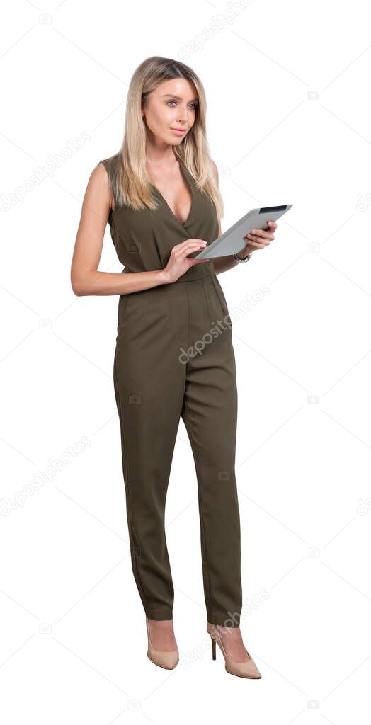 Office woman with device, full length, in casual jumpsuit with. Professional staff in business company, isolated over white background. Concept of technology and management