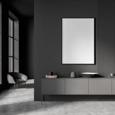 İçi gri ahşap çekmece, pencerenin yanındaki koltuk, kitaplı mumlar, beton zemin. Gri duvardaki boş tuval kopyalama alanı, 3B oluşturma