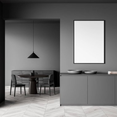 İçi boş beyaz afiş, üç sandalye, masa, lamba ve meşe ağacından parke zemin. Serinlemek ve buluşmak için minimalist tasarım kavramı. Model yap. 3d oluşturma