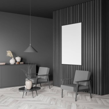 İçi boş beyaz poster, iki koltuk, sehpa, lamba ve meşe ağacından parke zeminli karanlık bekleme odası. Serinlemek ve buluşmak için minimalist tasarım kavramı. Model yap. 3d oluşturma