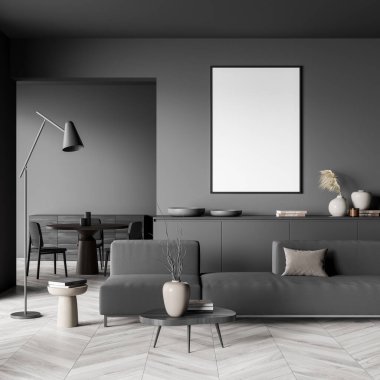 İçi boş beyaz poster, kanepe, üç sandalye, sehpa, lamba ve meşe ağacından parke zeminli koyu renk oturma odası. Serinlemek ve buluşmak için minimalist tasarım kavramı. Model yap. 3d oluşturma