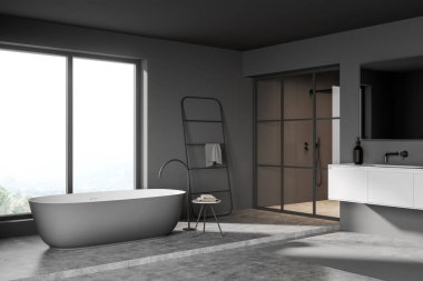 Gri modern banyo küveti pencerenin yanında havlu merdiveni, ayna ile lavabo ve cam kapılar ardında duş, beton zemin. Kırsal 3B görüntüleme ile panoramik pencere