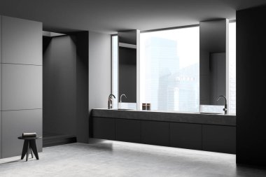 Arka planda endüstriyel manzarası olan dikey ayna kullanarak yaratıcı bir kibir tasarımı olan koyu gri banyonun iç kısmının köşesi. Beton zemin. Minimalist bir kavram. 3d oluşturma