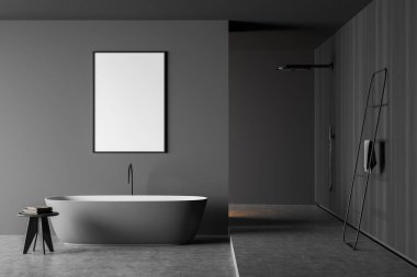 Gri beton zeminde küvetli banyo. Havlu merdiveni ve köşede duş. Havlulu bir masa. Boşluk tuvalini gri duvara kopyala, 3B görüntüleme