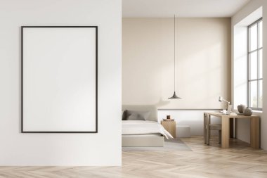 Yatak odasının içi yatak odası, yastıklar, parke döşeme ve önü manzaralı sandalye. Pencereli uyuyan odada 3 boyutlu görüntüleme alanını kopyala