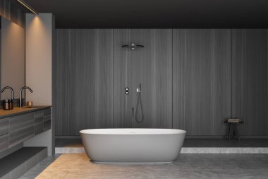 Gri ahşap, oval seramik küvet ve arka planda açık duş ile banyo içi gibi görünüyor. Rafların kibri, taburesi ve beton zemini olan modern tasarım. Minimalist bir kavram. 3d oluşturma