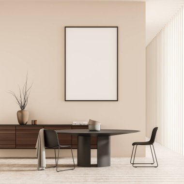 Parlak yemek odası içi boş beyaz poster, iki sandalye, masa, kemer ve beton zemin. Serinlemek ve buluşmak için minimalist tasarım kavramı. Model yap. 3d oluşturma