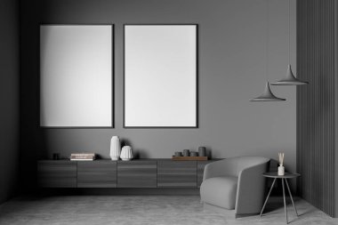 Klozet ve dekorasyonla dinlenme odasındaki koltuklar, sazlık difüzörlü kahve masası, beton zemin. Sancak Boşluğu kopyala Gri duvardaki iki kare, 3B görüntüleme