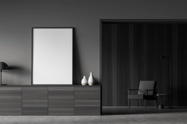 Oturma odasındaki büfenin üzerinde minimalist bir konseptle duran boş tuval. Koyu arkaplanda tek koltuk. Model yap. Gri dizayn. 3d oluşturma