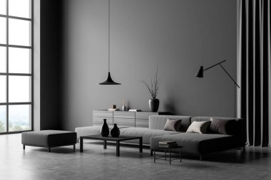 Gri oturma odasının köşesinde beton zemin var. Modern tasarım, lambalar, iki sehpa, L kanepesi ve perde. Minimalist tarz kavramı. 3d oluşturma