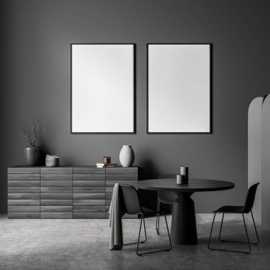 Oturma odasının içinde büfenin üzerinde iki tane maket, minimalist sandalyeli yemek masası ve beton zemin var. Koyu gri tasarım. Modern yaşam alanı kavramı. 3d oluşturma