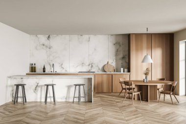 Beyaz minimalist mutfak, kahvaltı barı, yuvarlak yemek masası, ahşap, mermer malzemeler ve parke zemin. Modern tasarım kavramı. 3d oluşturma